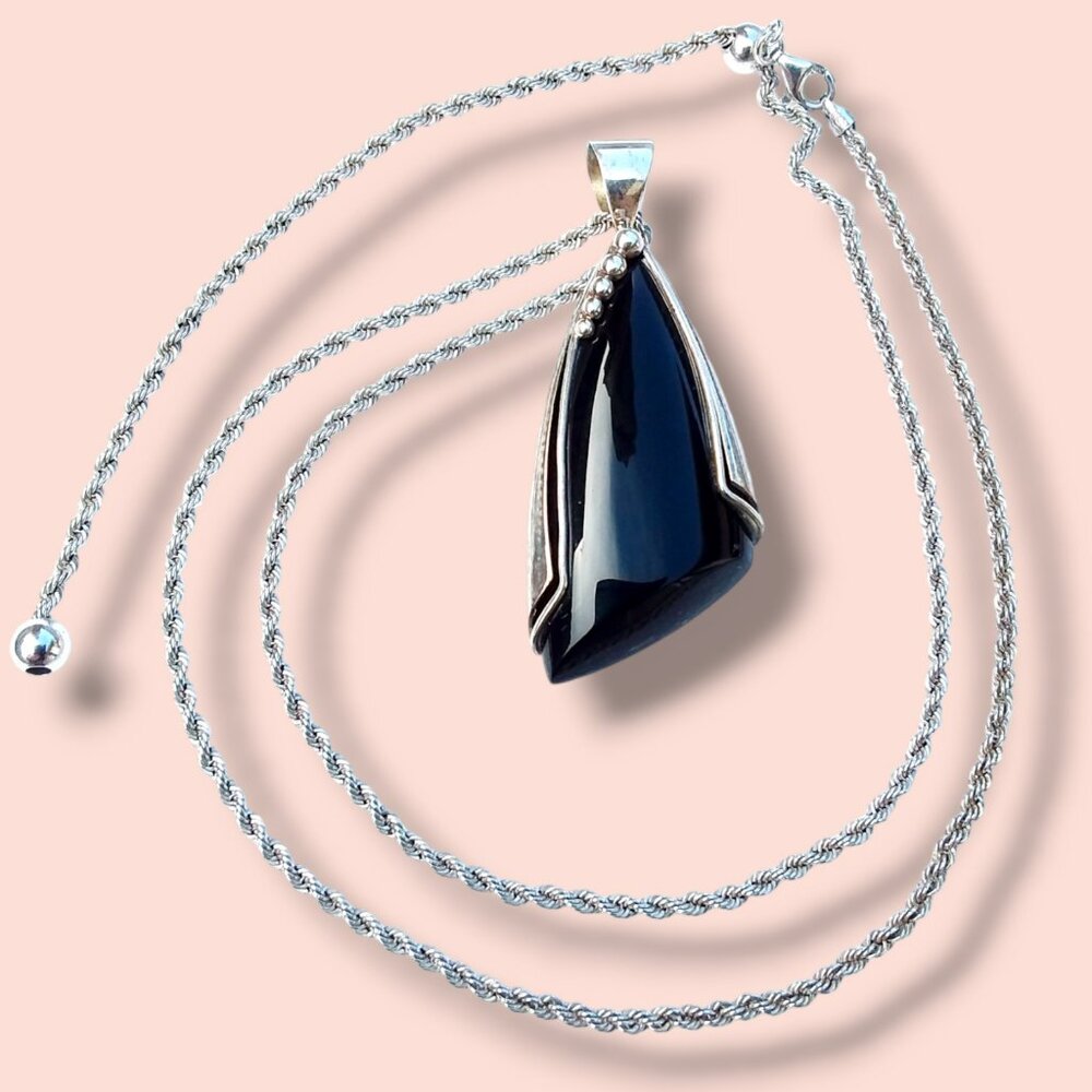 Jay King Necklace 925 Sterling Silver Black Chalcedony Pendant Rope Chain 30in